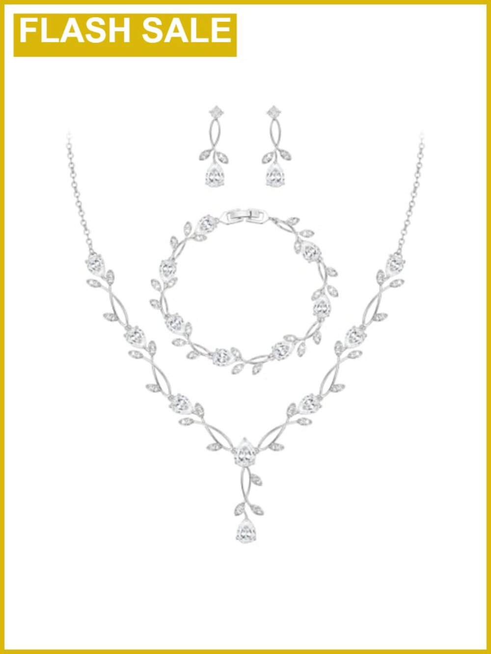 Cubic Zirconia Pearl Leaf Bridal Jewelry Set Necklace Earrings Bracelet
